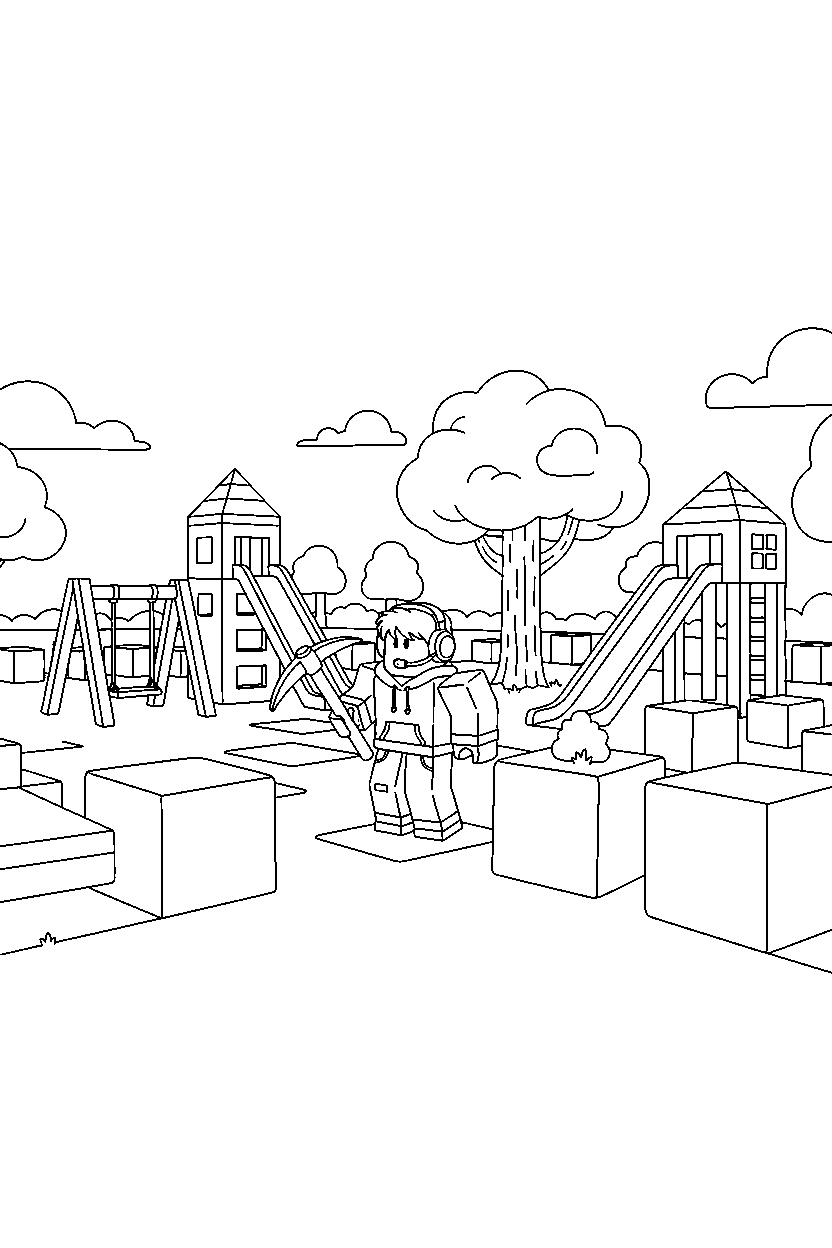 roblox gamer exploring in a block playground park line art