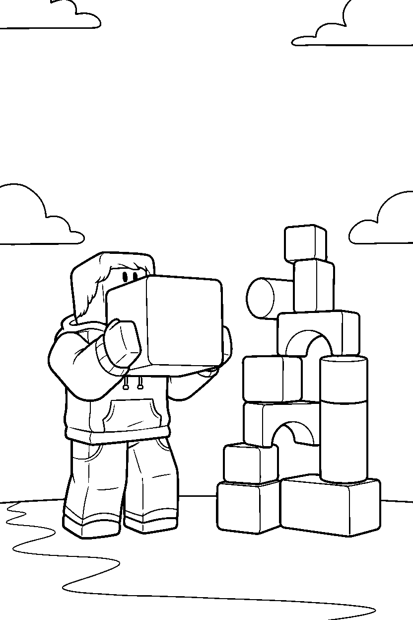 roblox gamer holding a block near stacked blocks line art