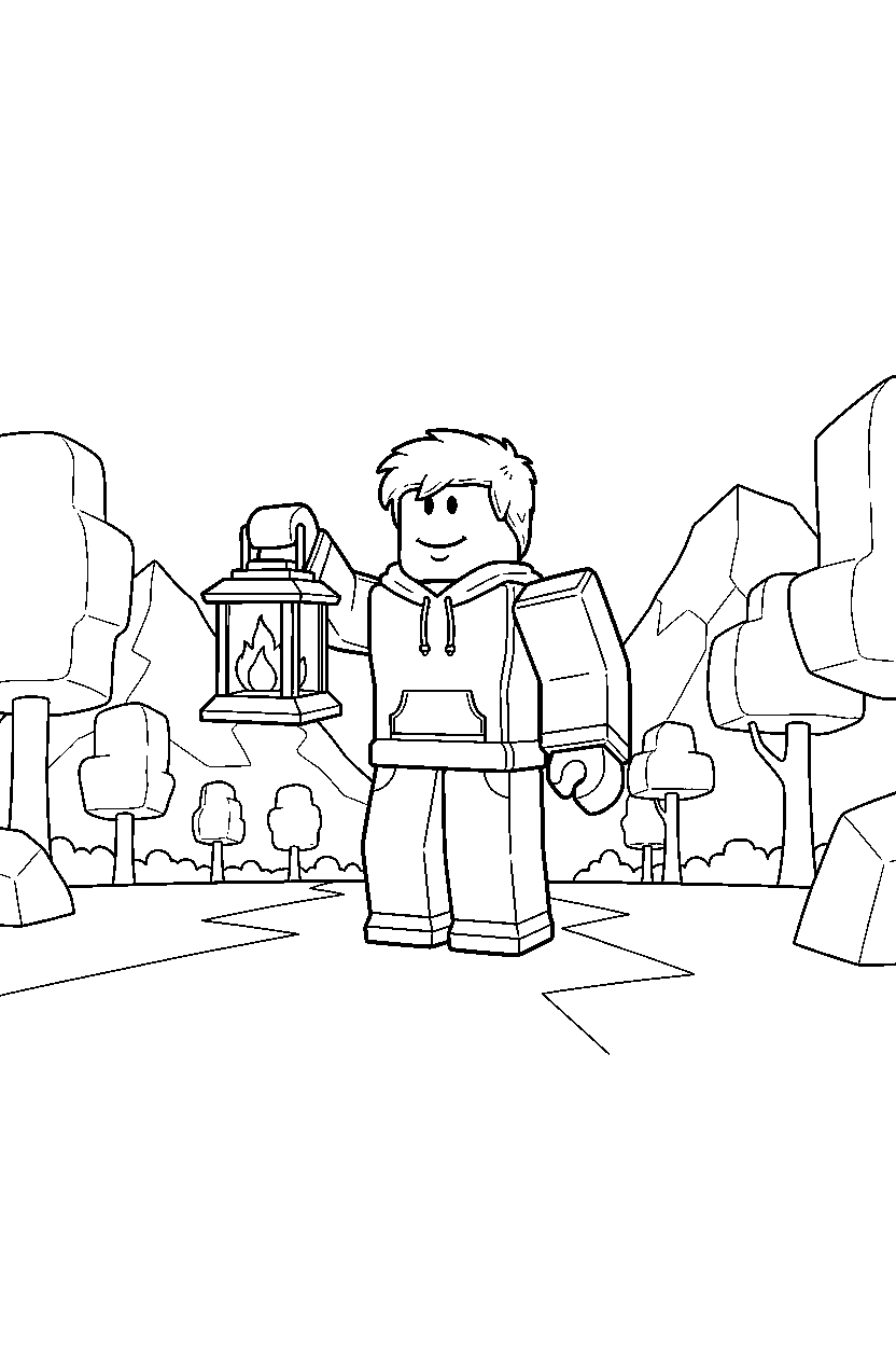 roblox gamer holding a lantern in a block world line art