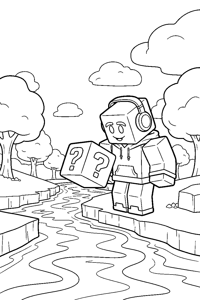 roblox gamer looking at a block near a block riverbank line art