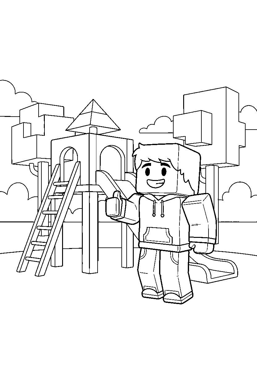 roblox gamer smiling near a block playground slide line art