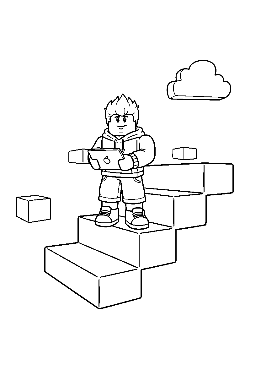 roblox gamer standing near block stairs line art