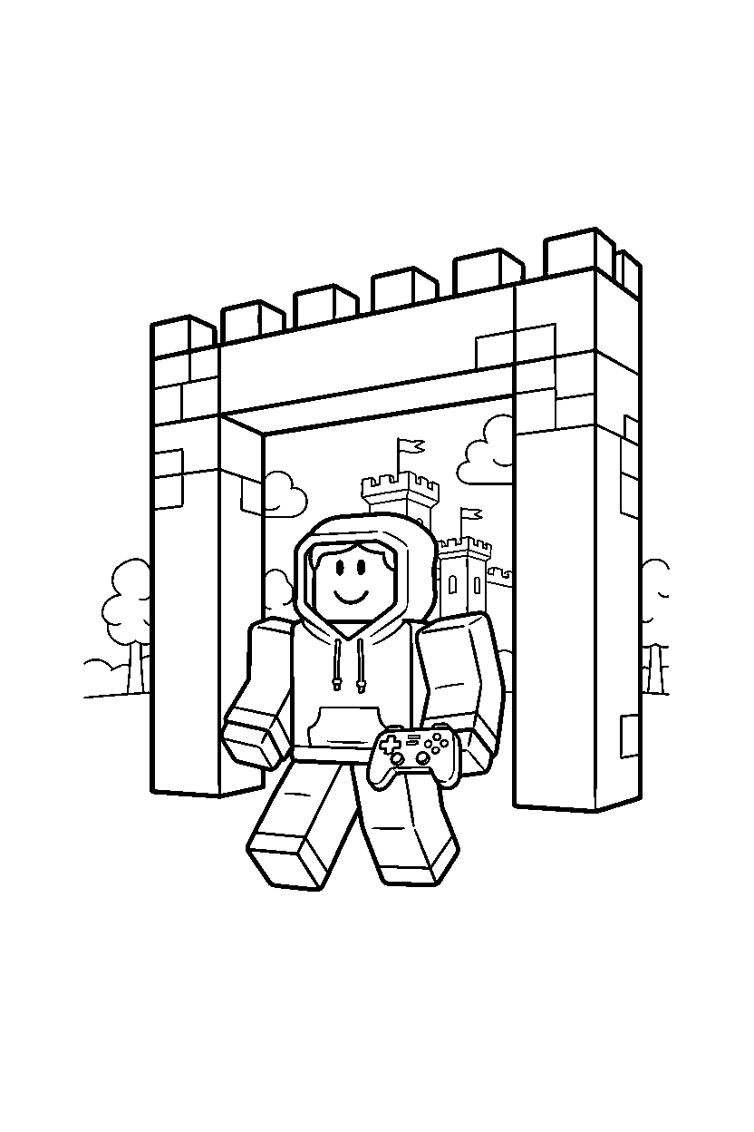 roblox gamer walking near a block gate entrance line art