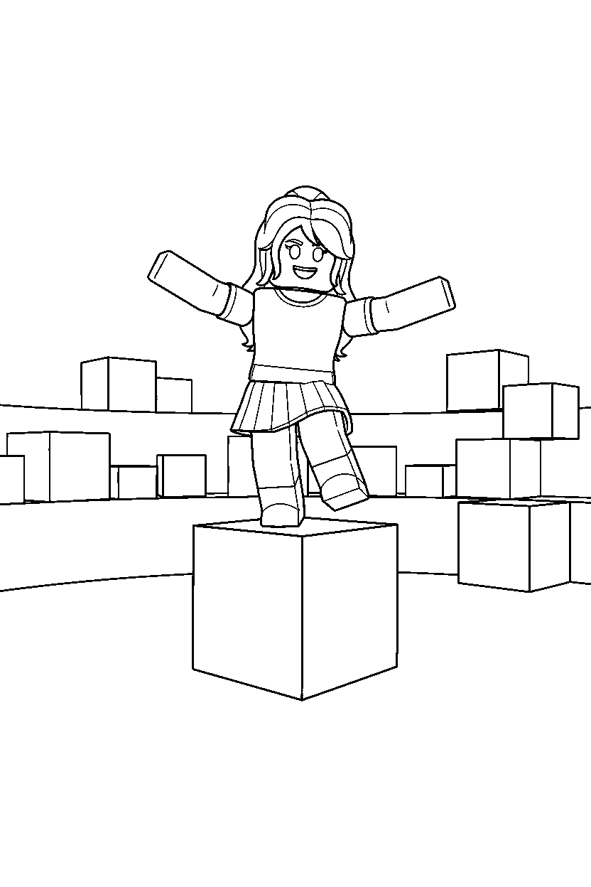 roblox girl avatar balancing on a block near a block arena line art