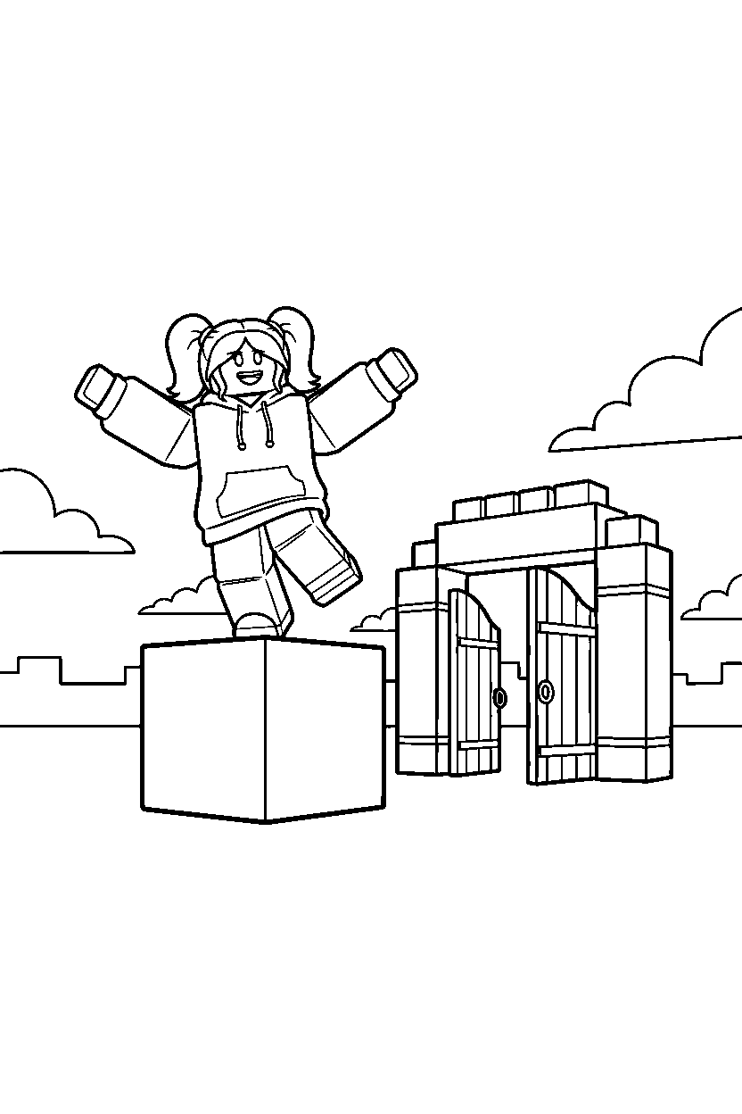 roblox girl avatar balancing on a block near a block gate line art