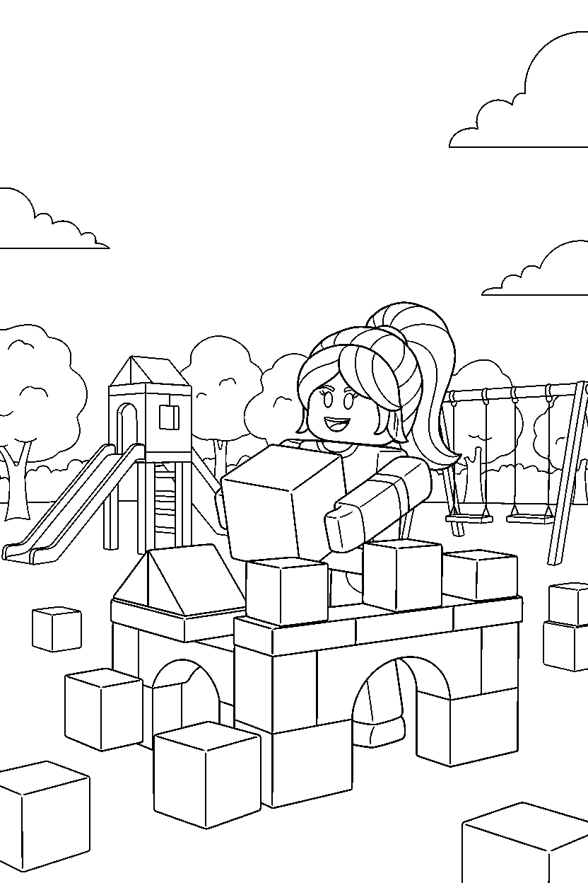 roblox girl avatar building with blocks in a block playground park line art