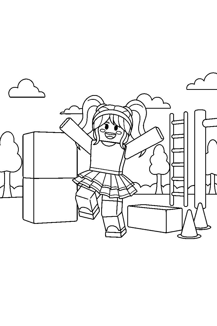 roblox girl avatar dancing near a block training camp line art