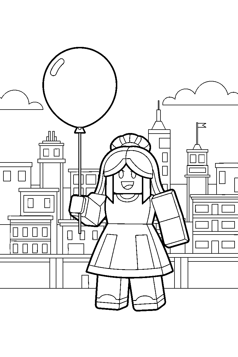 roblox girl avatar holding a balloon in a roblox city line art