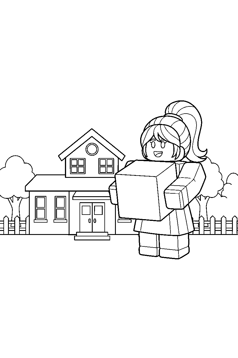 roblox girl avatar holding a cube near a block school line art