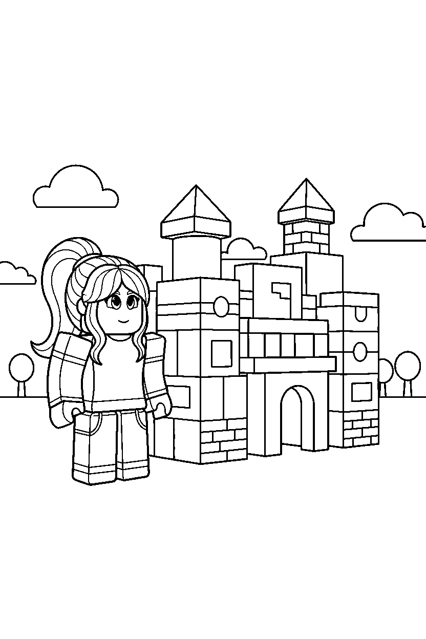roblox girl avatar looking up near a block fort line art