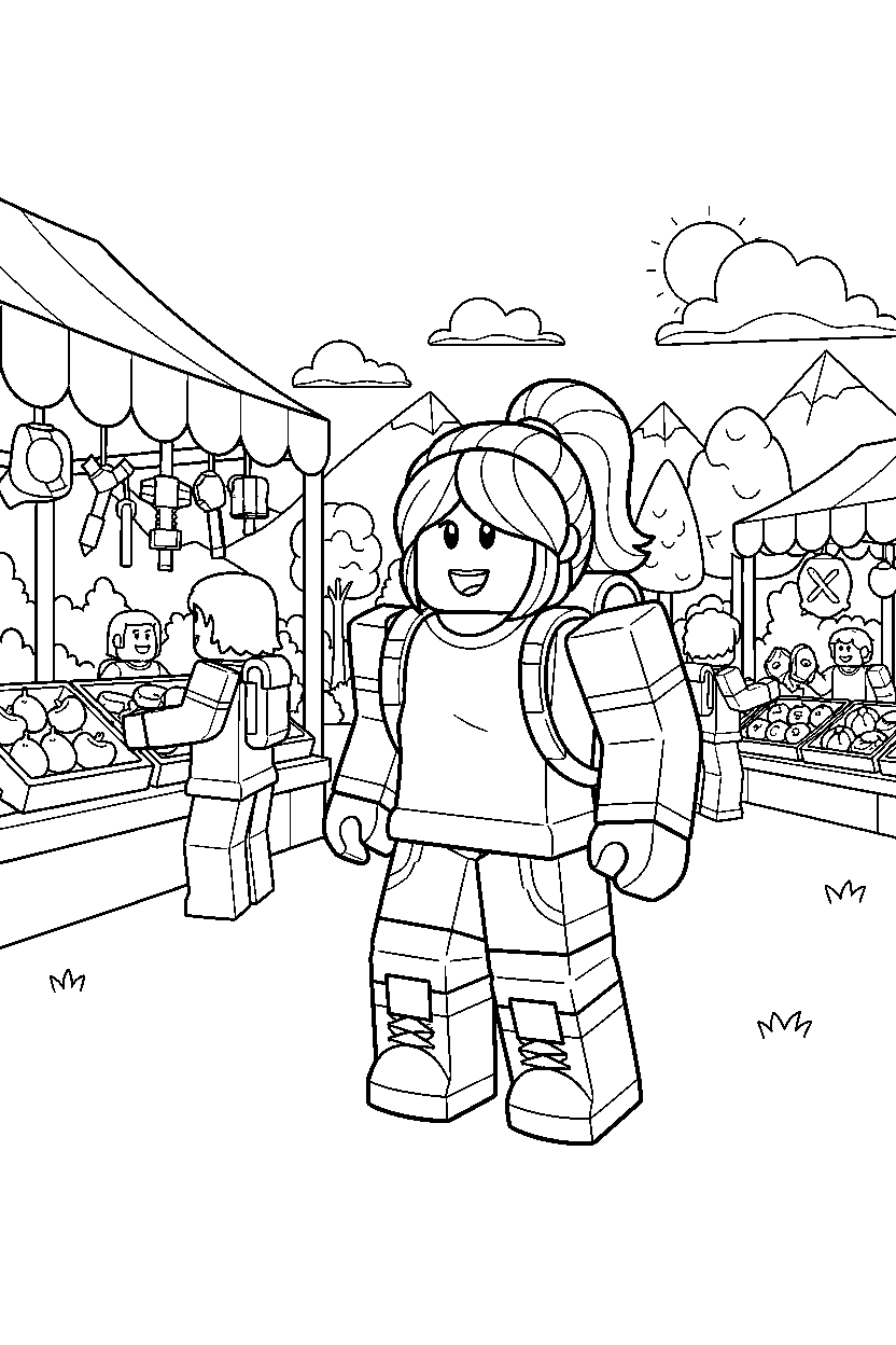 roblox girl avatar ready for adventure near a block marketplace line art
