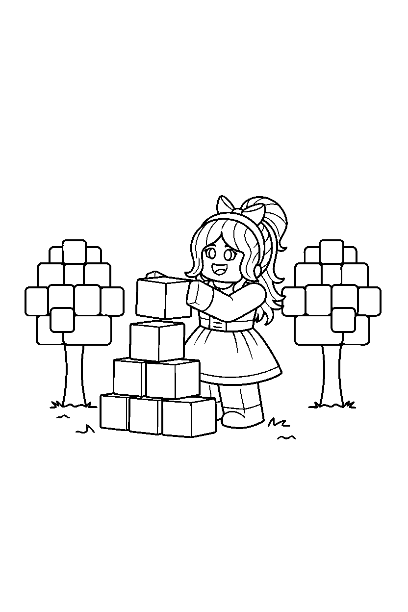 roblox girl avatar stacking blocks near block trees line art