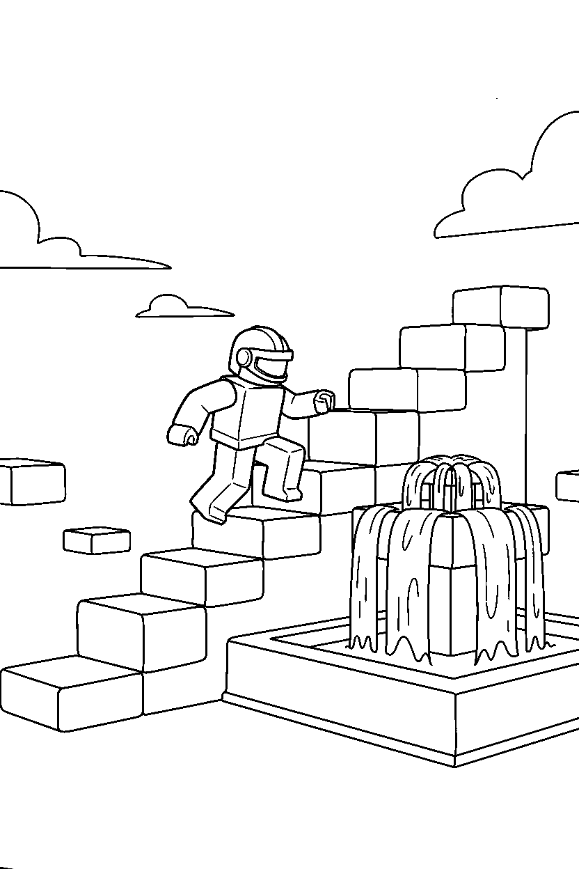 roblox hero climbing blocks near a block fountain line art