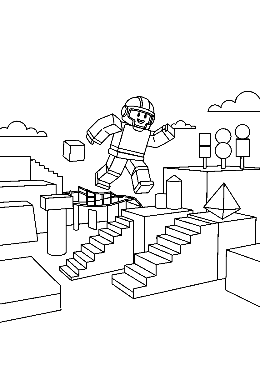 roblox hero jumping between blocks near a block adventure park line art