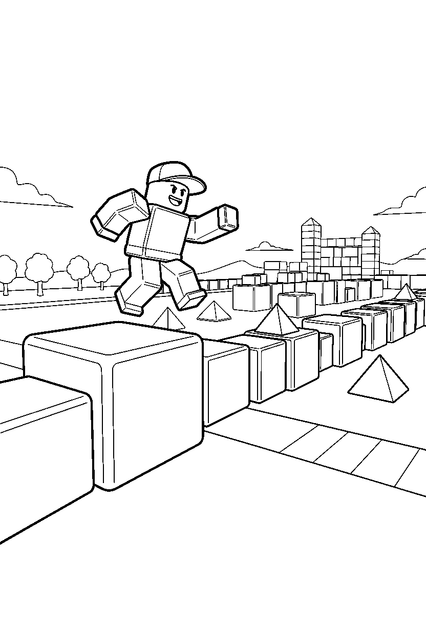 roblox hero jumping between blocks near a block training ground line art