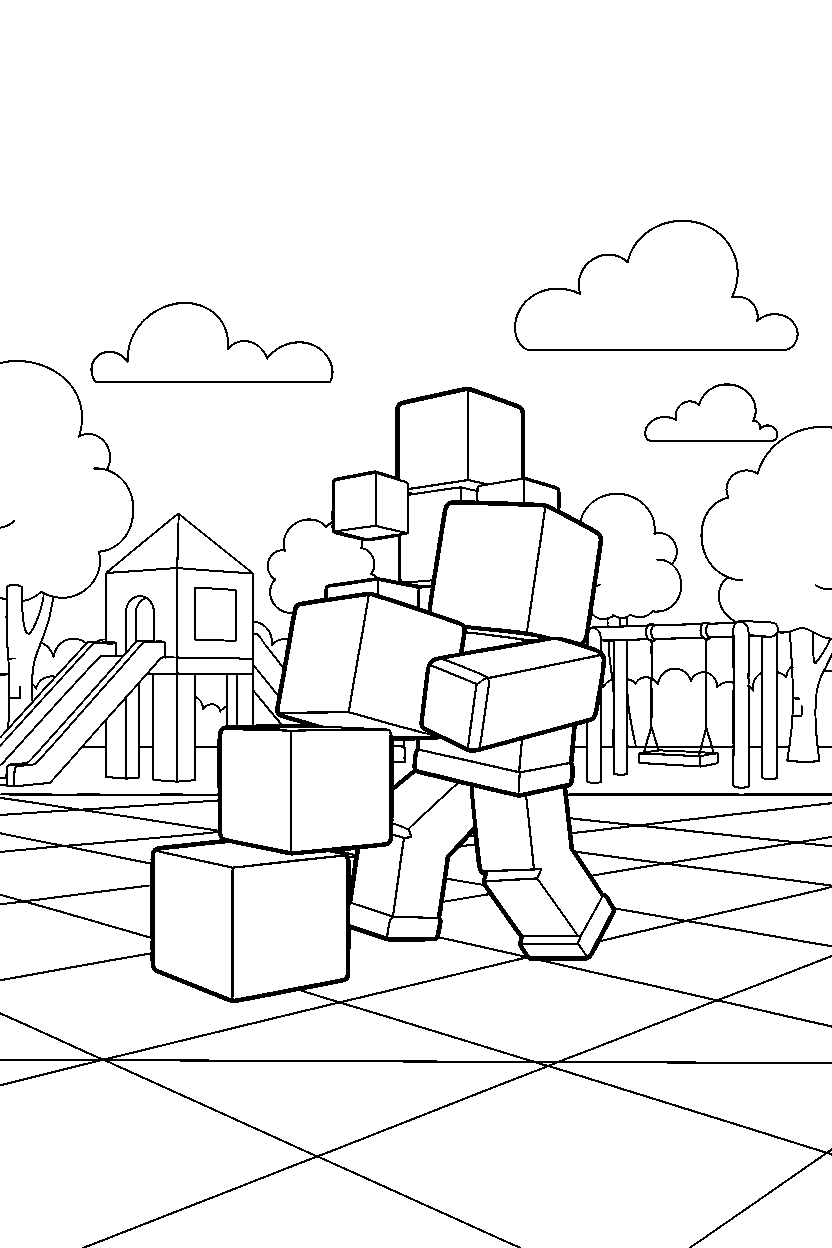 roblox hero playing with blocks in a block park line art