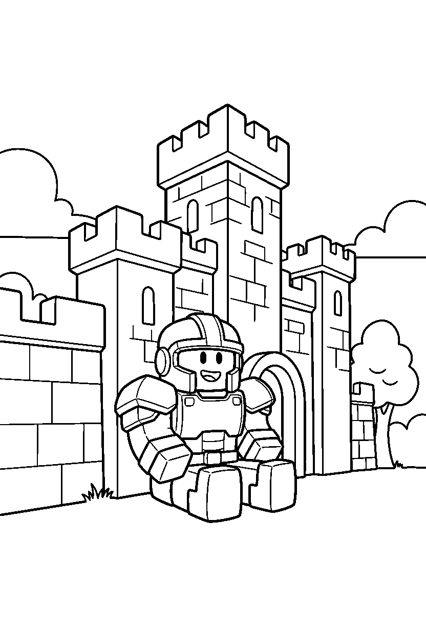 roblox hero sitting near a block castle wall line art