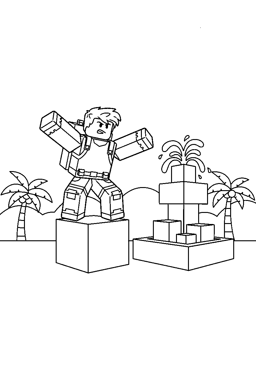 roblox island explorer balancing on a block near a block fountain line art