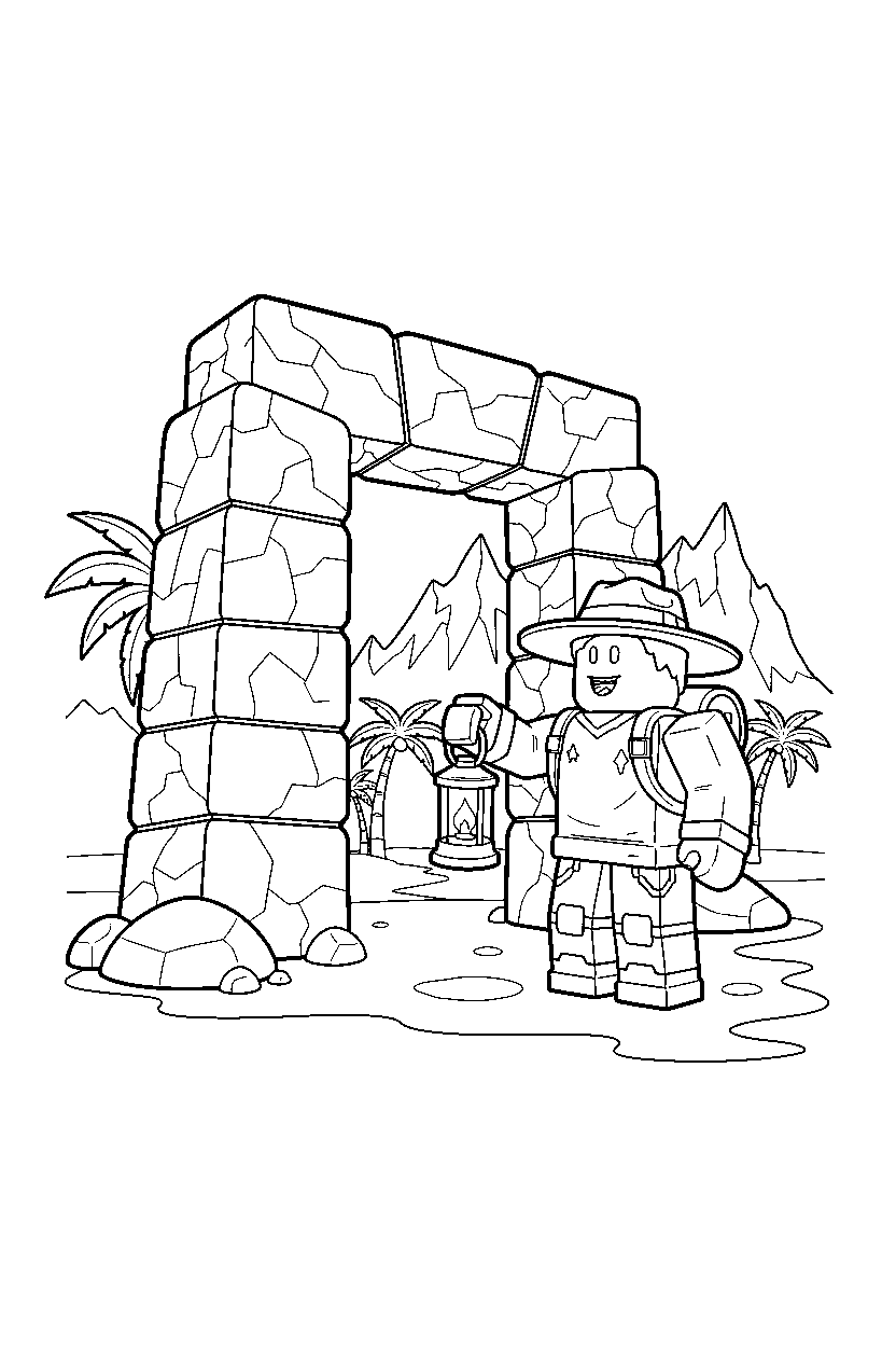 roblox island explorer holding a lantern near a block gate entrance line art
