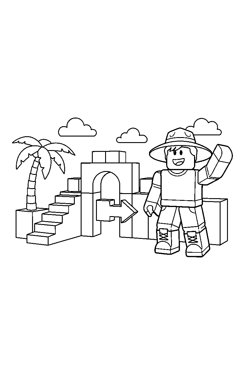 roblox island explorer waving near a block obstacle course line art