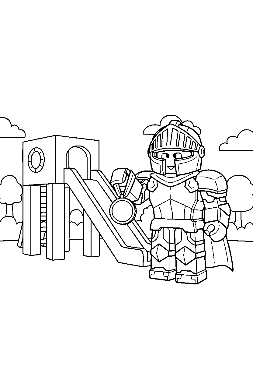roblox knight avatar holding a medal near a block playground slide line art