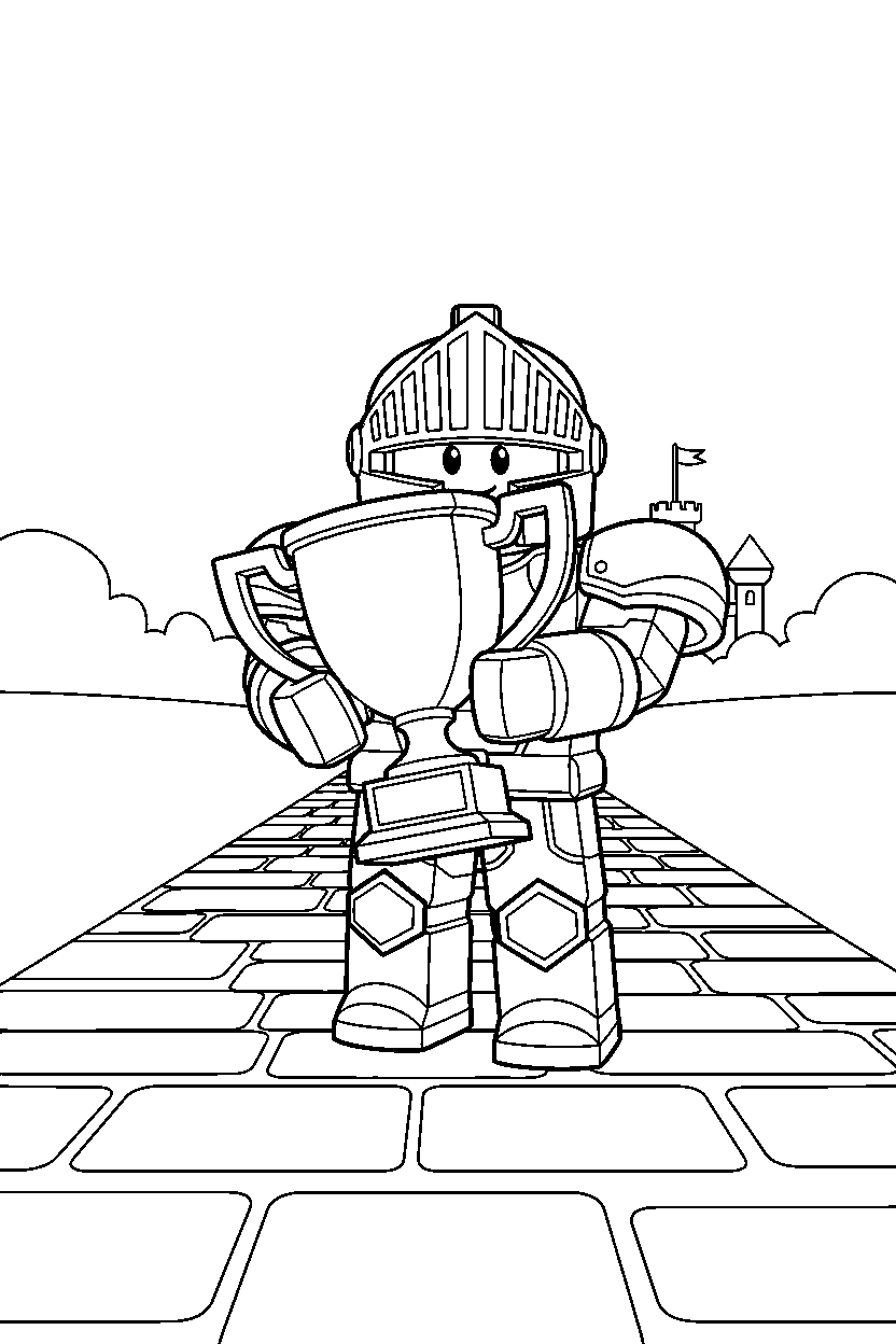 roblox knight avatar holding a trophy on a block road line art