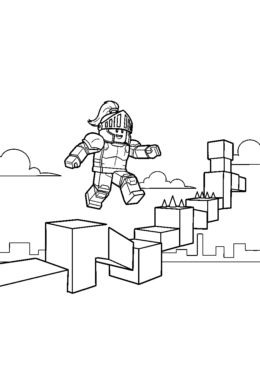 roblox knight avatar jumping between blocks near a block obstacle course line art