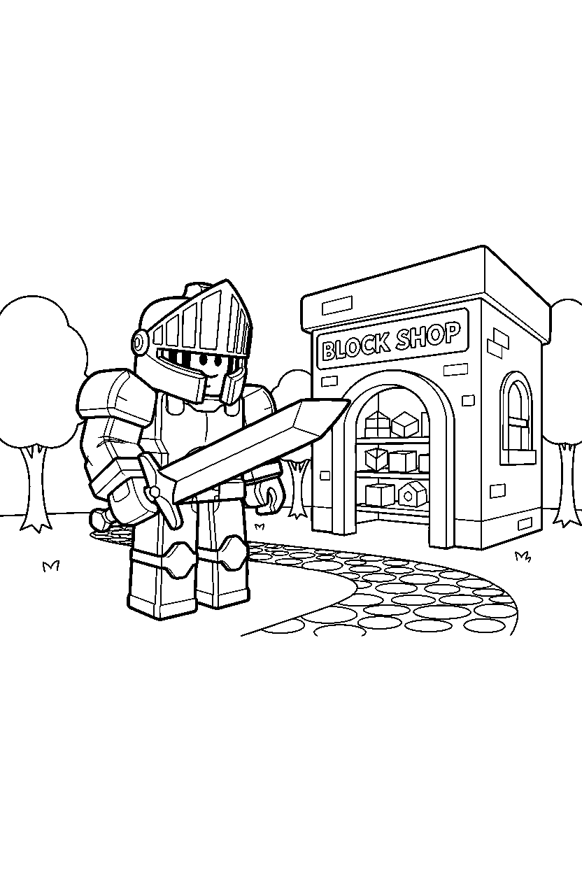 roblox knight avatar looking down near a block shop line art