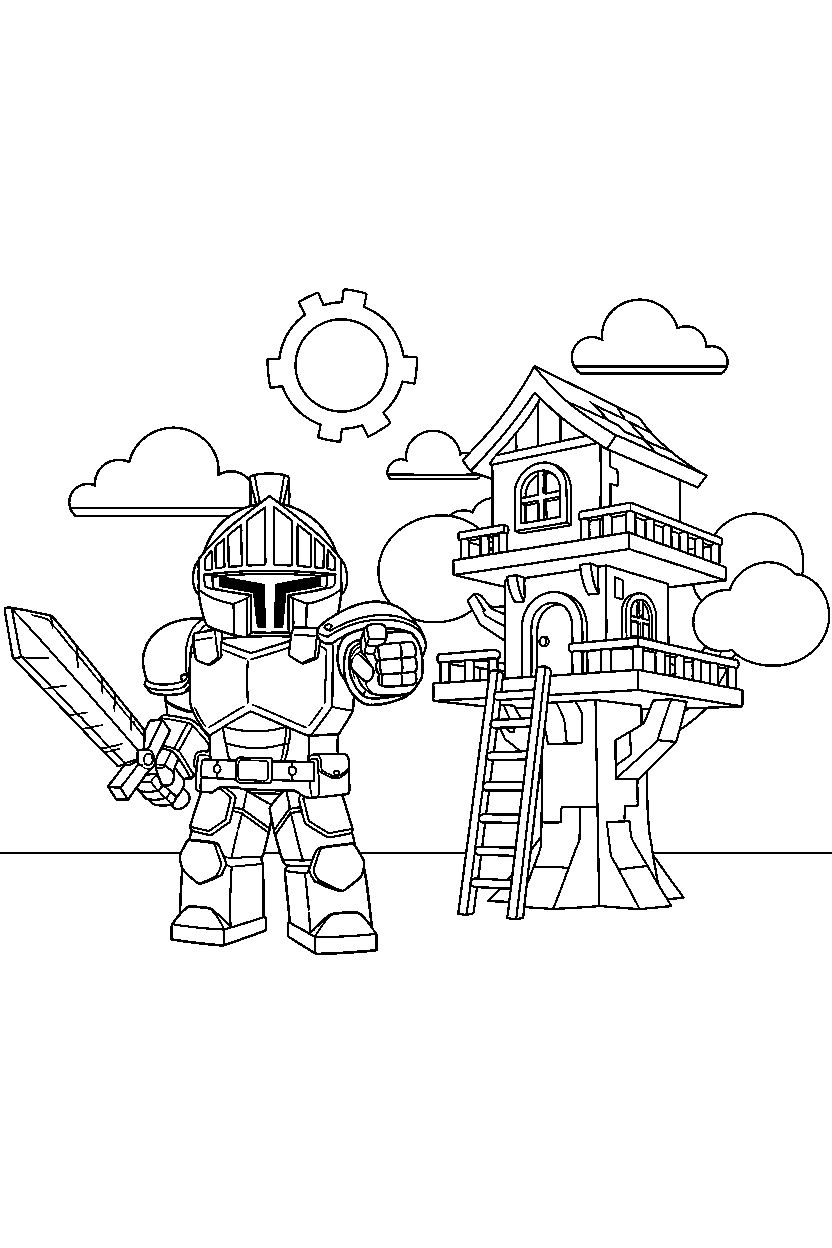 roblox knight avatar pointing forward near a block tree house line art