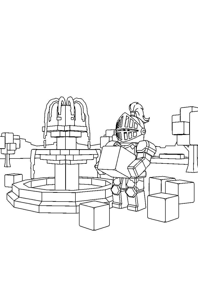 roblox knight avatar stacking blocks near a block fountain line art