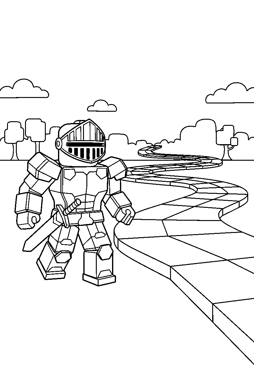 roblox knight avatar walking near a block race track line art