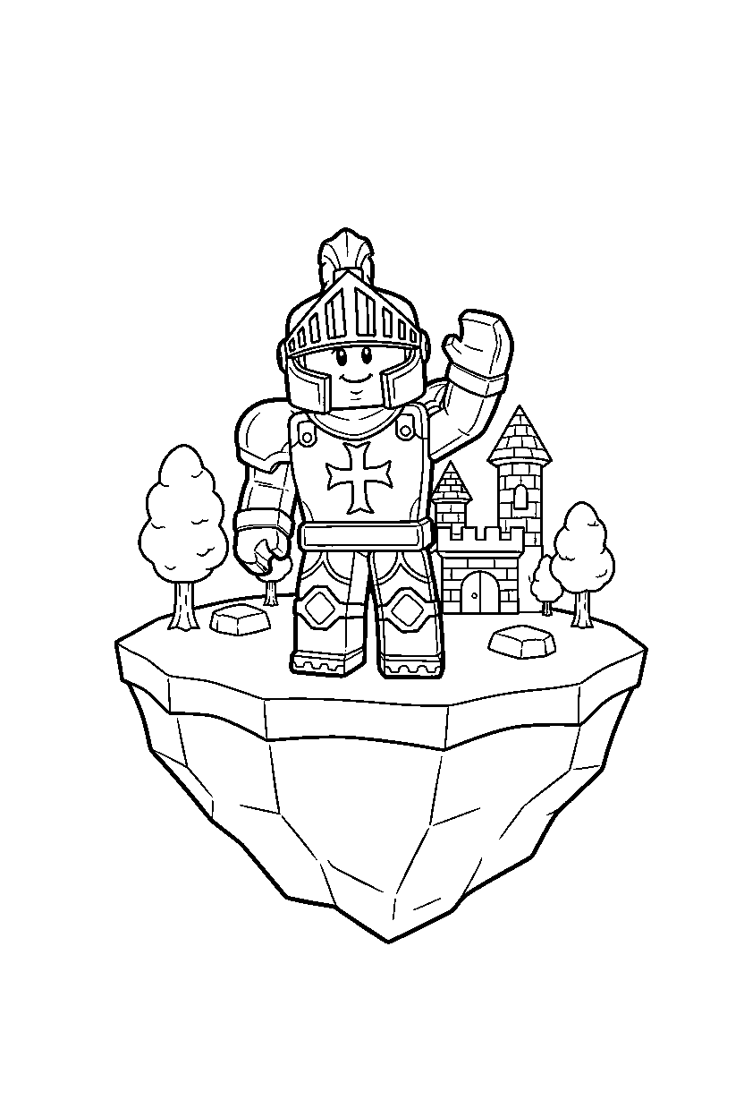 roblox knight avatar waving on a block island line art