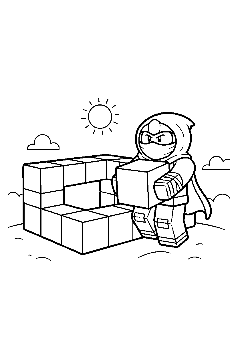 roblox ninja avatar carrying a block near a block square line art