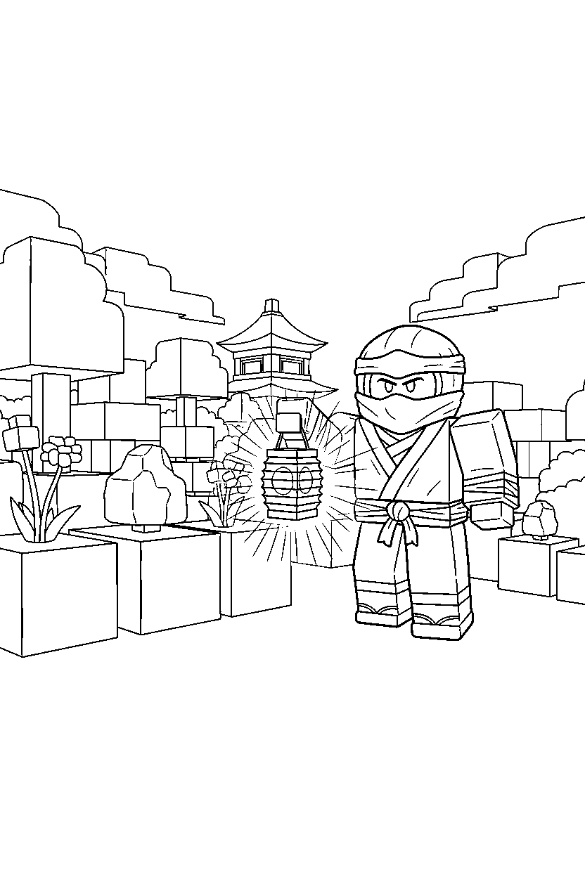 roblox ninja avatar holding a lantern near a block garden line art