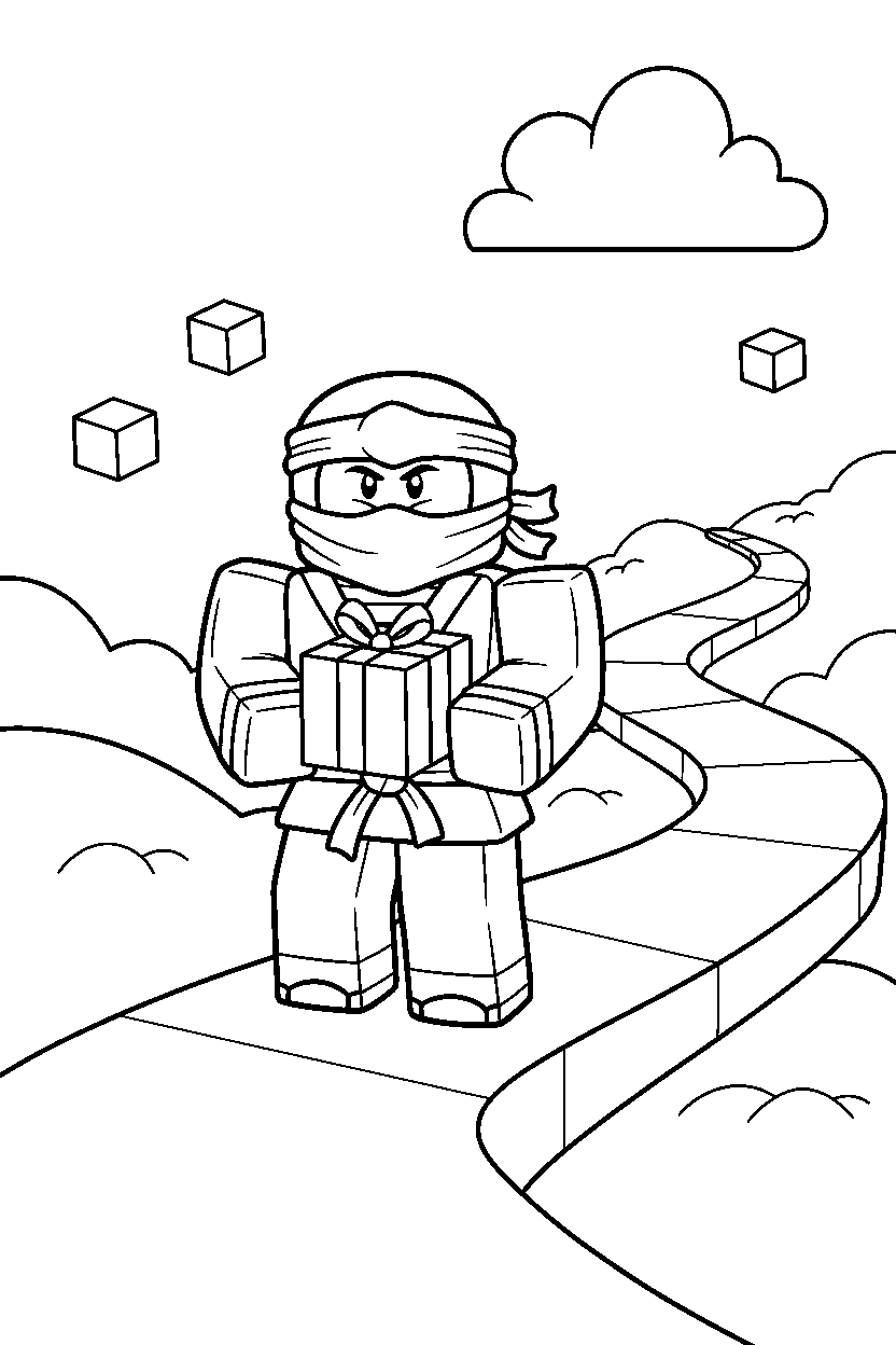 roblox ninja avatar holding a small gift near a block hill path line art