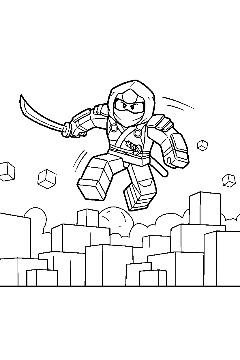 roblox ninja avatar jumping near a block arena line art