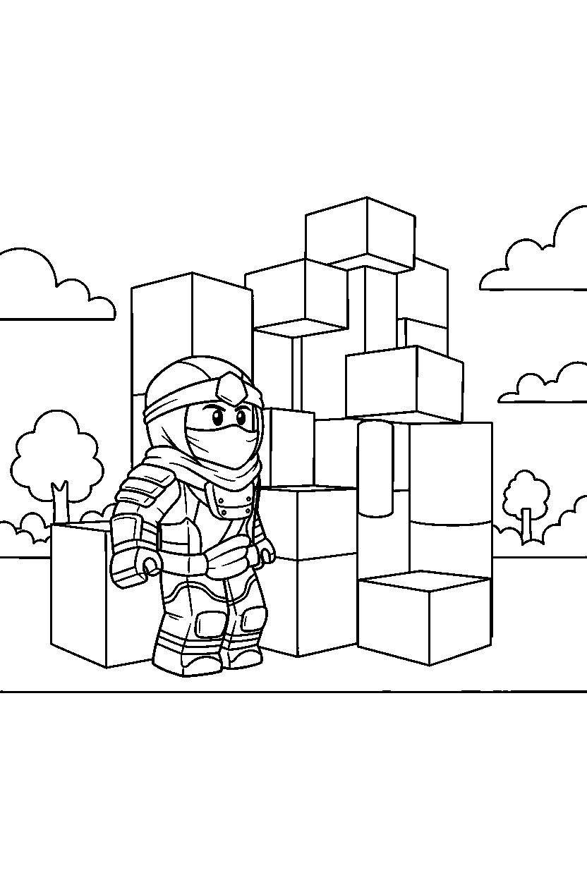 roblox ninja avatar looking around near a block parkour tower line art