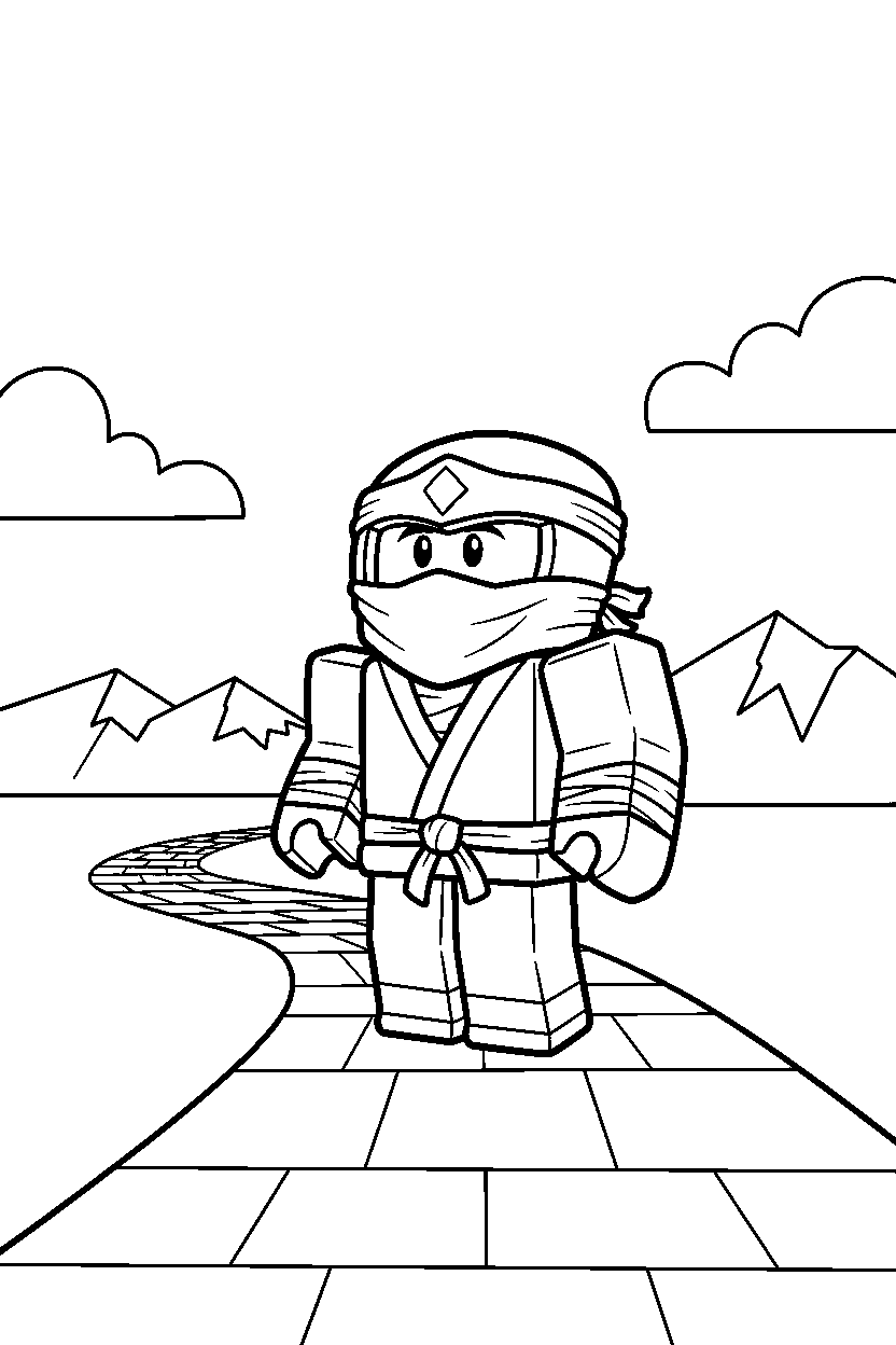 roblox ninja avatar looking up on a block road line art