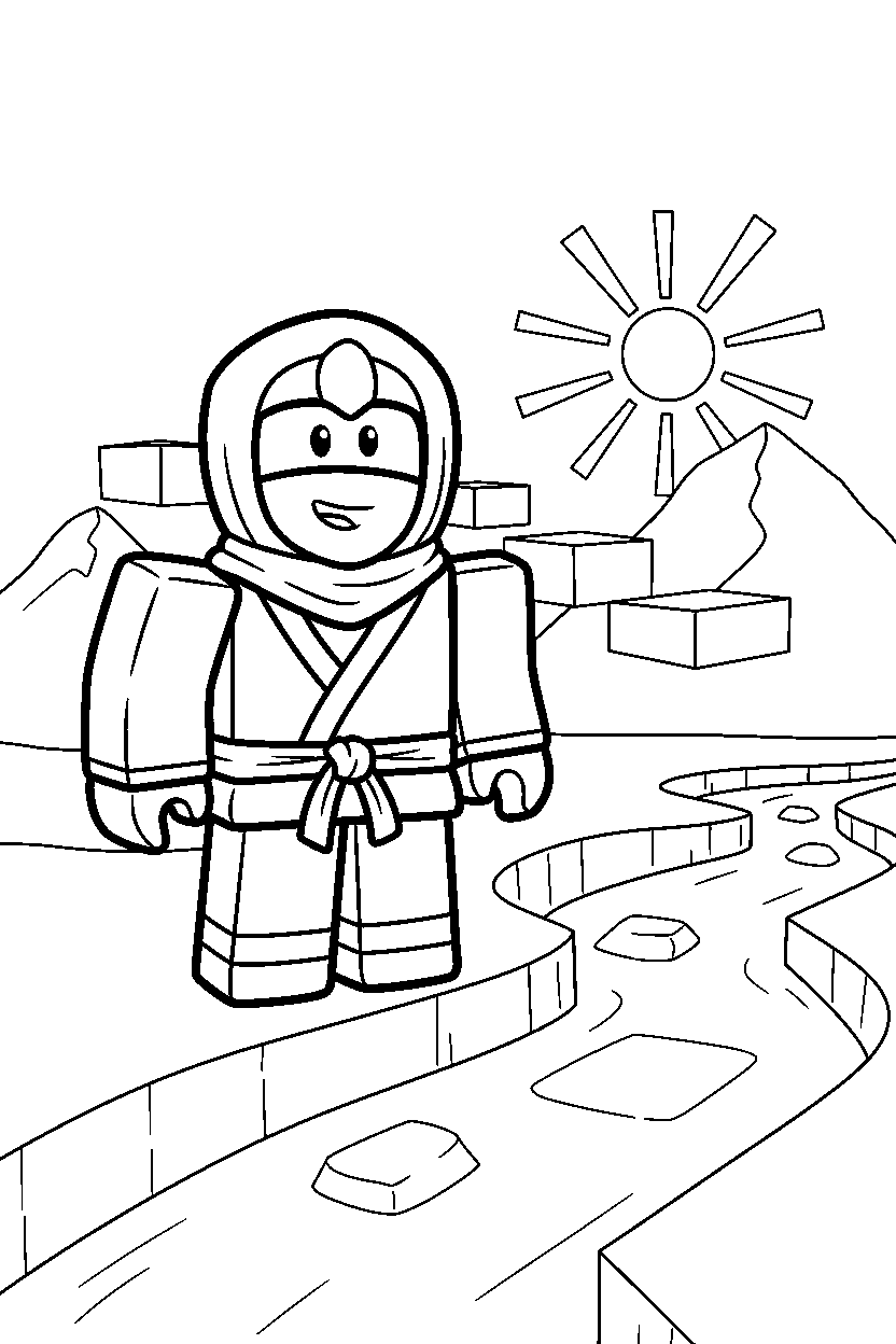roblox ninja avatar smiling near a block river line art