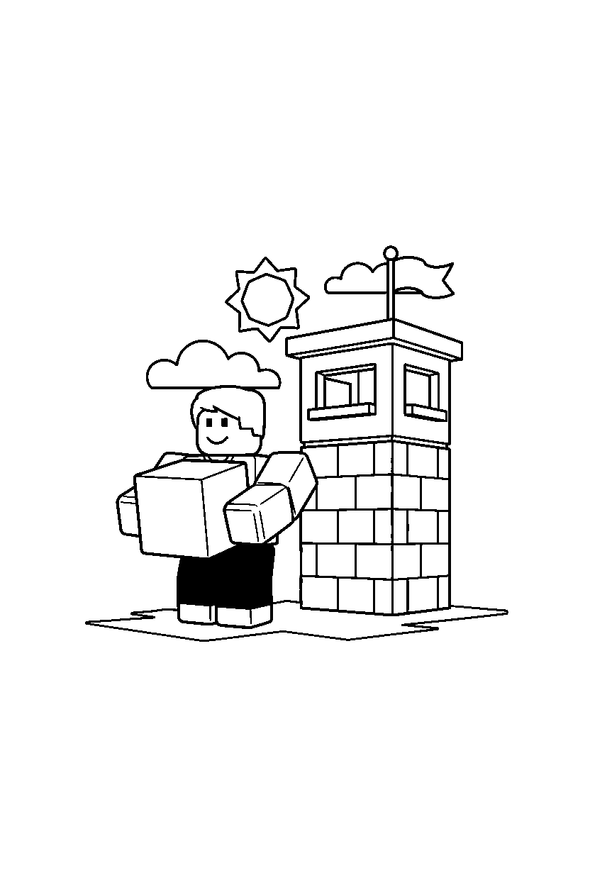 roblox noob avatar holding a cube near a block watch tower line art