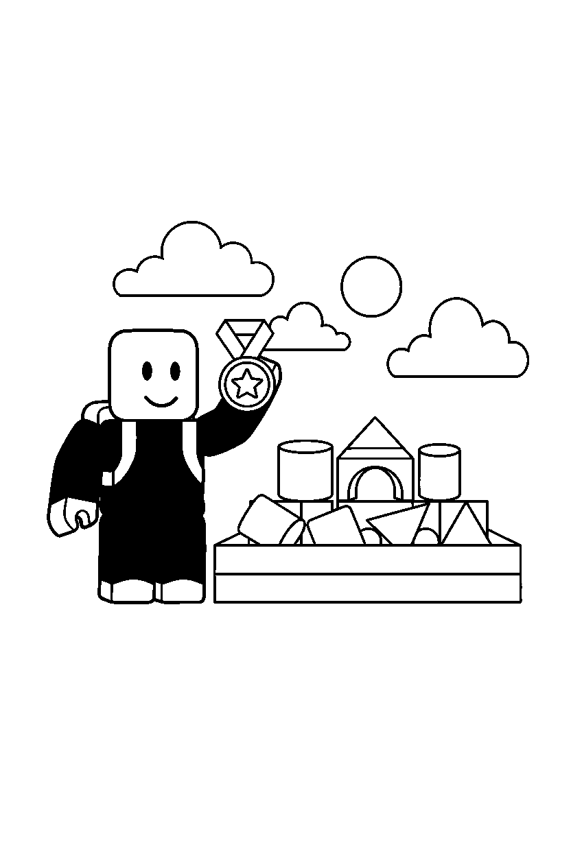 roblox noob avatar holding a medal near a block sandbox line art