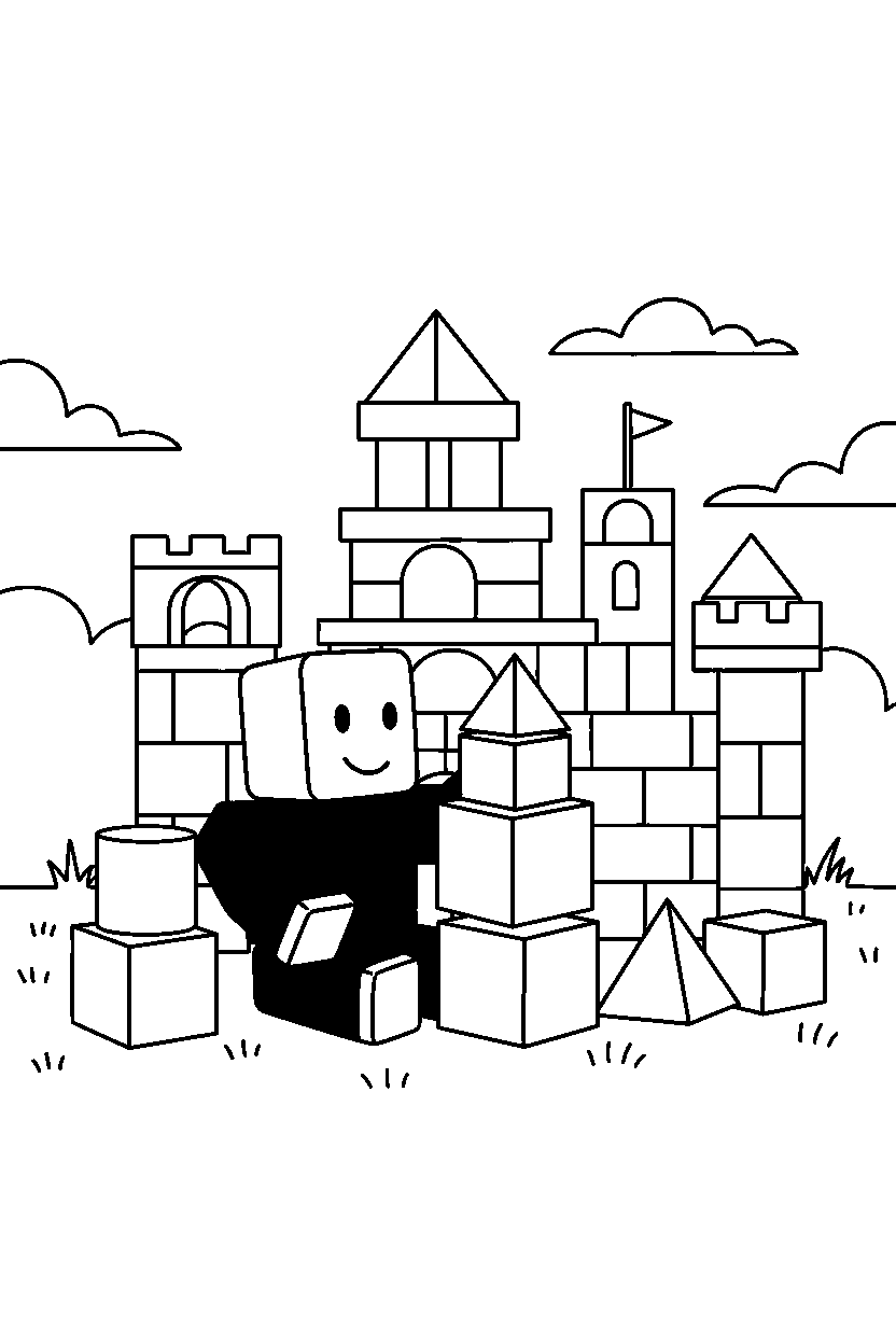 roblox noob avatar playing with blocks near a block castle line art