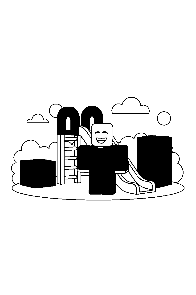 roblox noob avatar smiling near a block playground slide line art