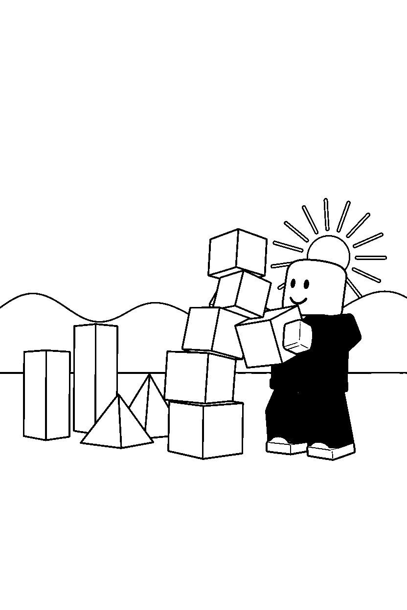 roblox noob avatar stacking blocks near a block obstacle field line art