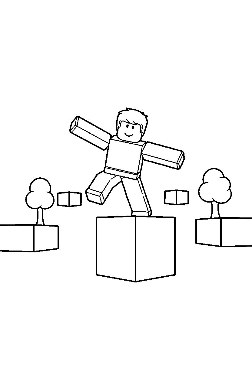 roblox parkour avatar balancing on a block in a block world line art