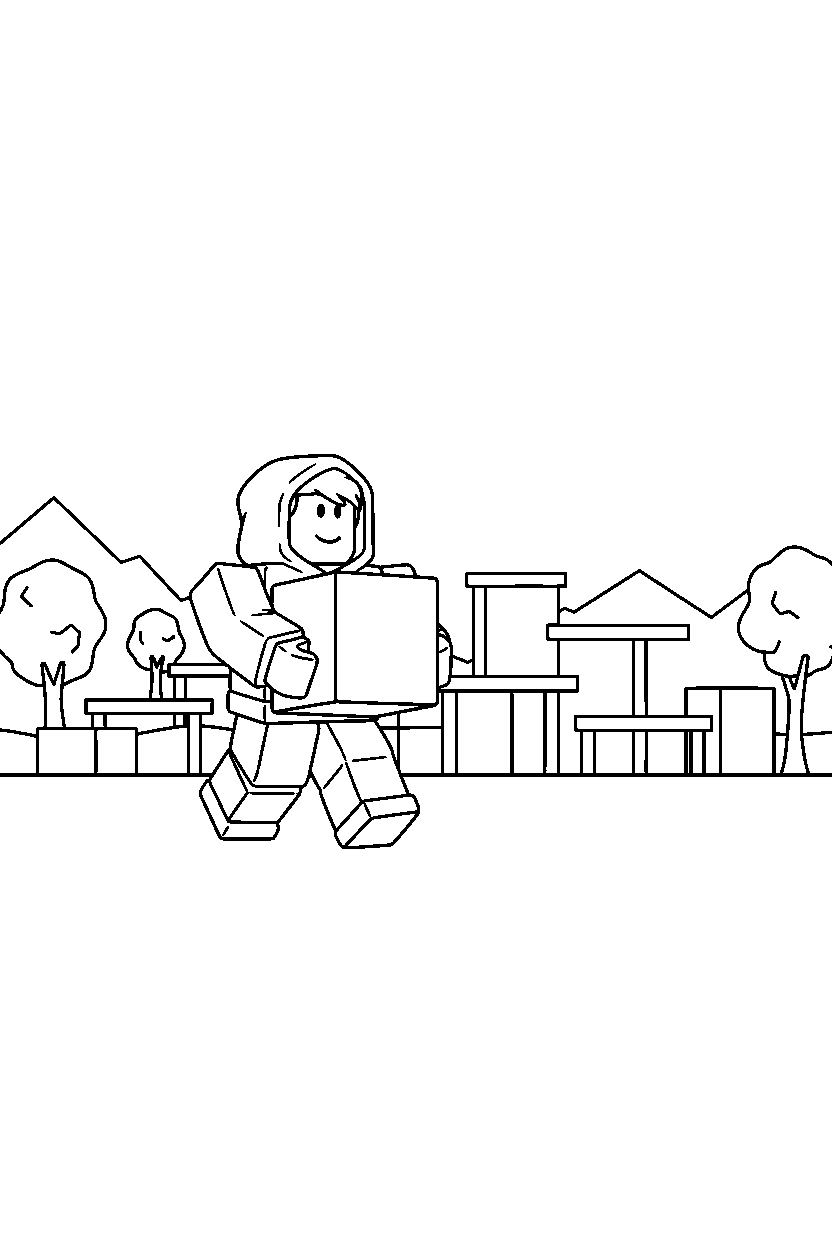 roblox parkour avatar carrying a block near a block training camp line art
