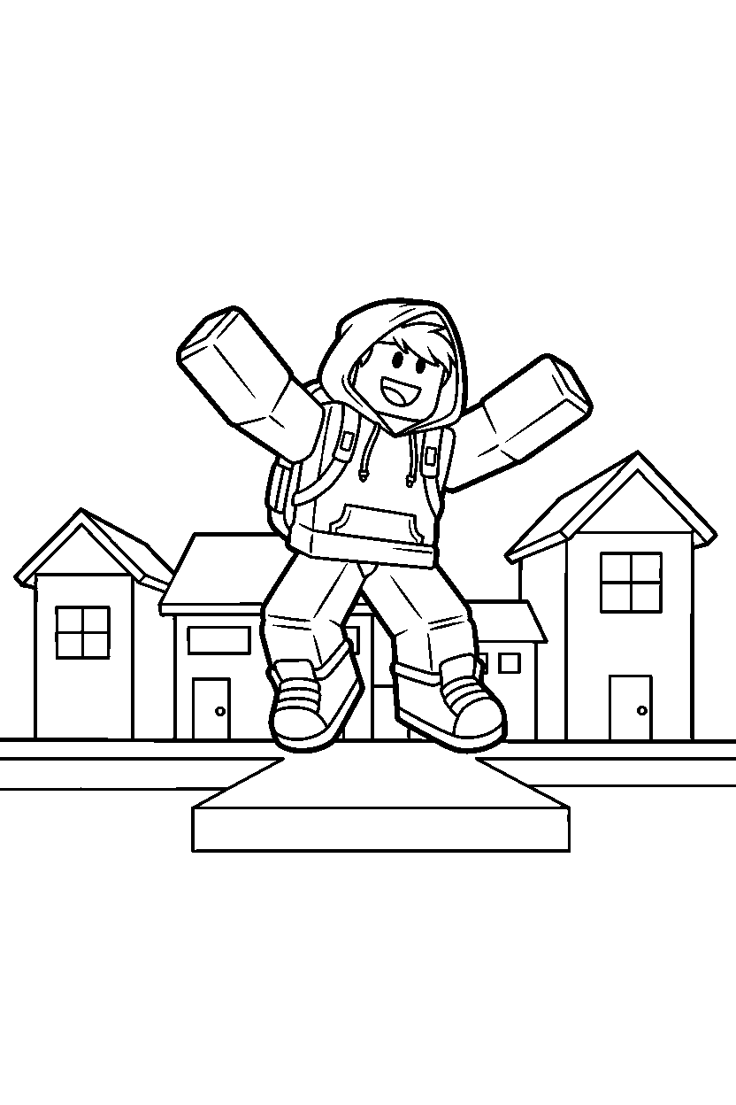 roblox parkour avatar dancing near block houses line art