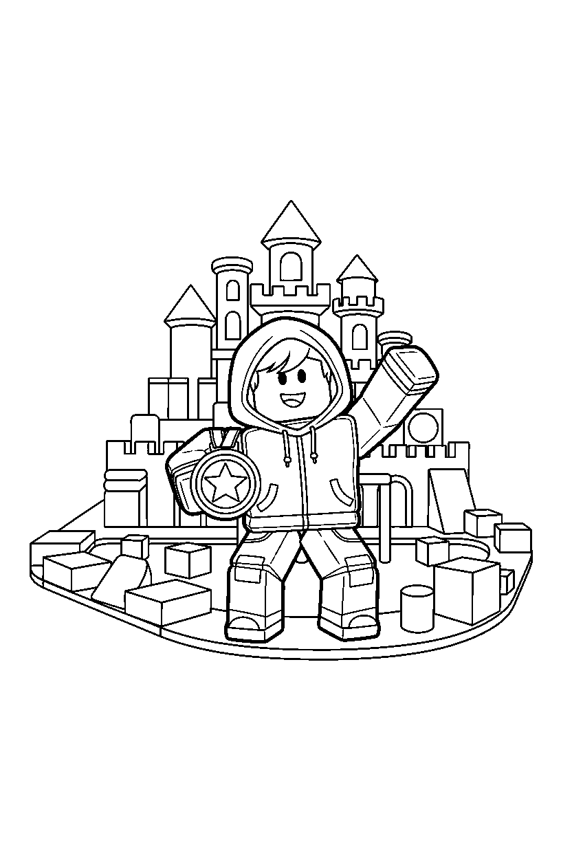roblox parkour avatar holding a medal near a block castle line art