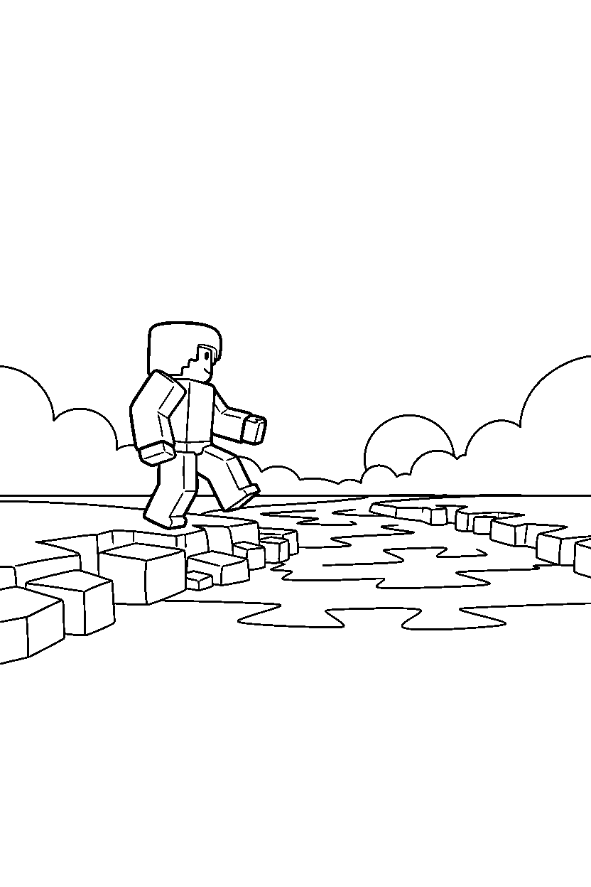 roblox parkour avatar looking at the horizon near a block riverbank line art