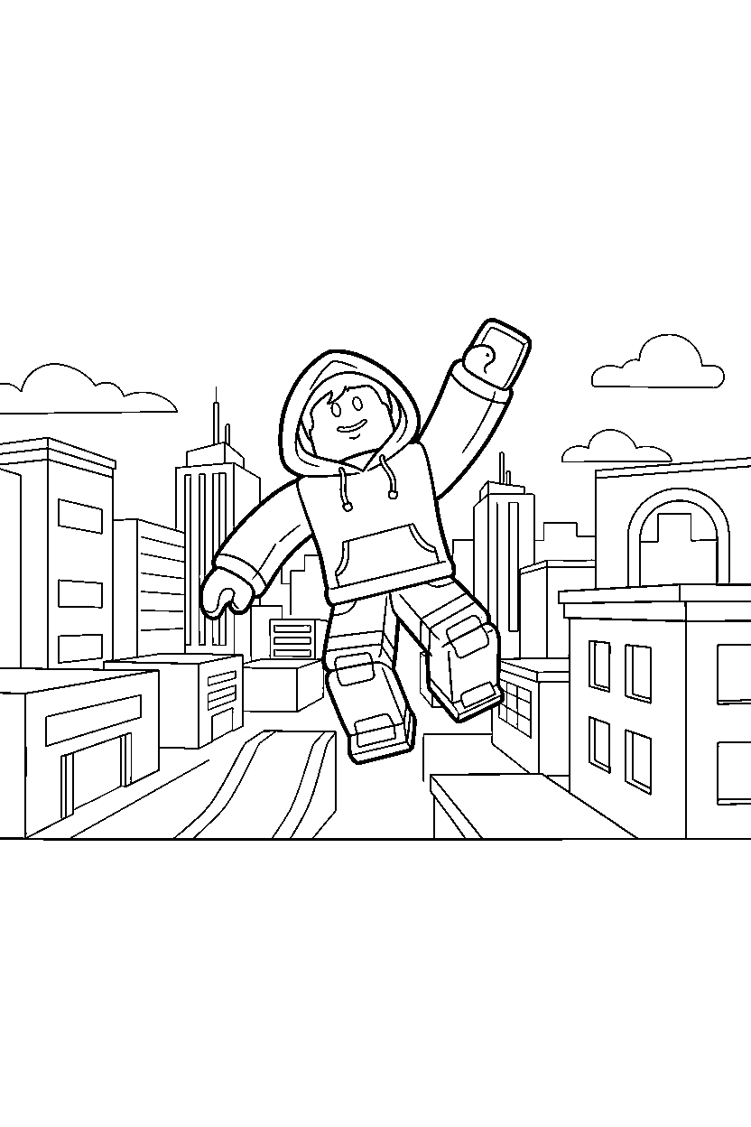 roblox parkour avatar raising a hand in a roblox city line art